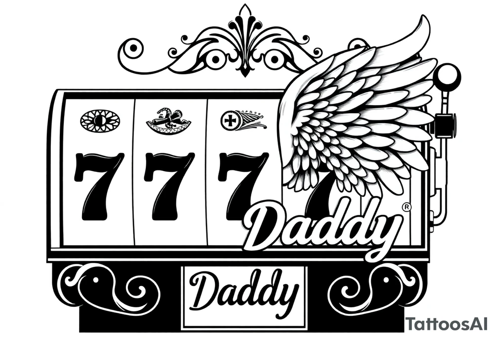 Slot machine with 777 and word Daddy with angel wings tattoo idea