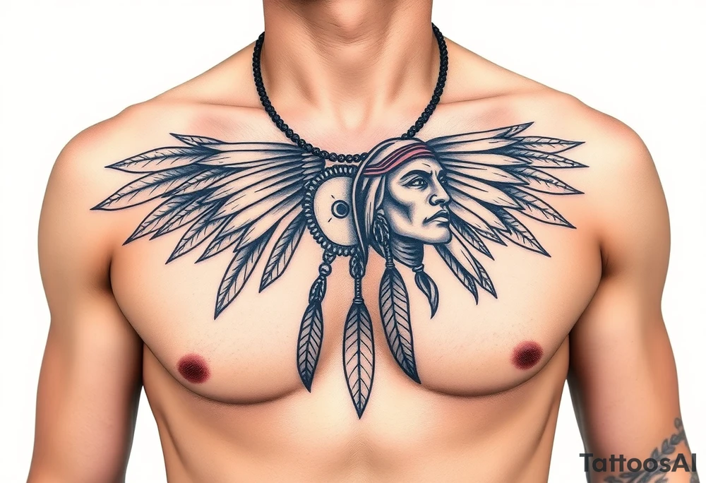 Native American chest in full color male left peck tattoo idea