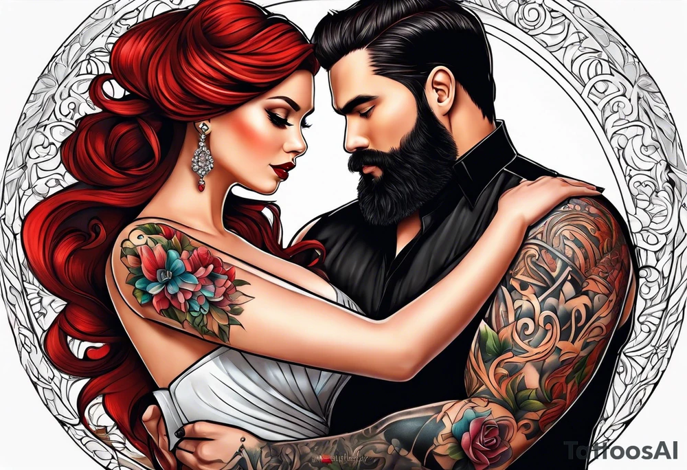 Busty red haired woman with a bearded man who has black hair getting married tattoo idea