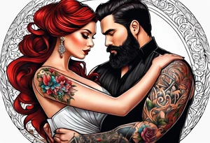 Busty red haired woman with a bearded man who has black hair getting married tattoo idea