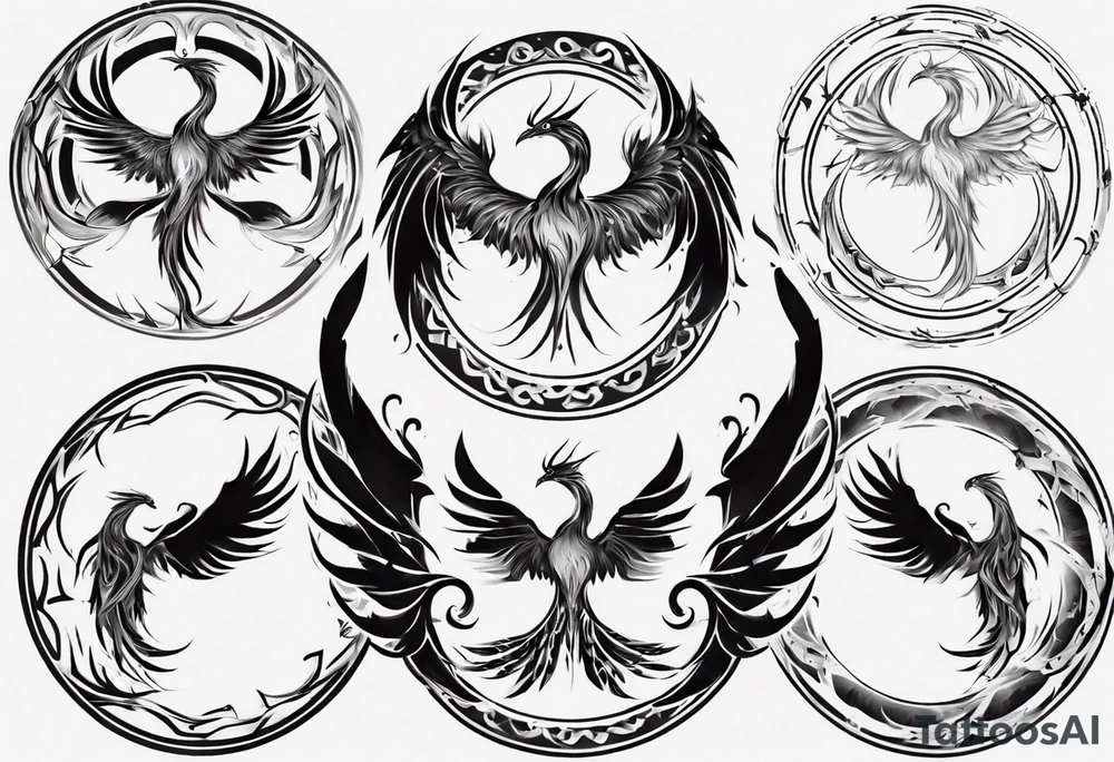 Phoenix rising blending in circles tattoo idea Phoenix rising blending in circles tattoo idea