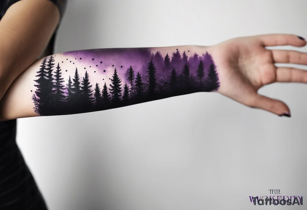 forest, purple and black, covered from wrist to forearm, fully covered, no borders, blackwork tattoo idea