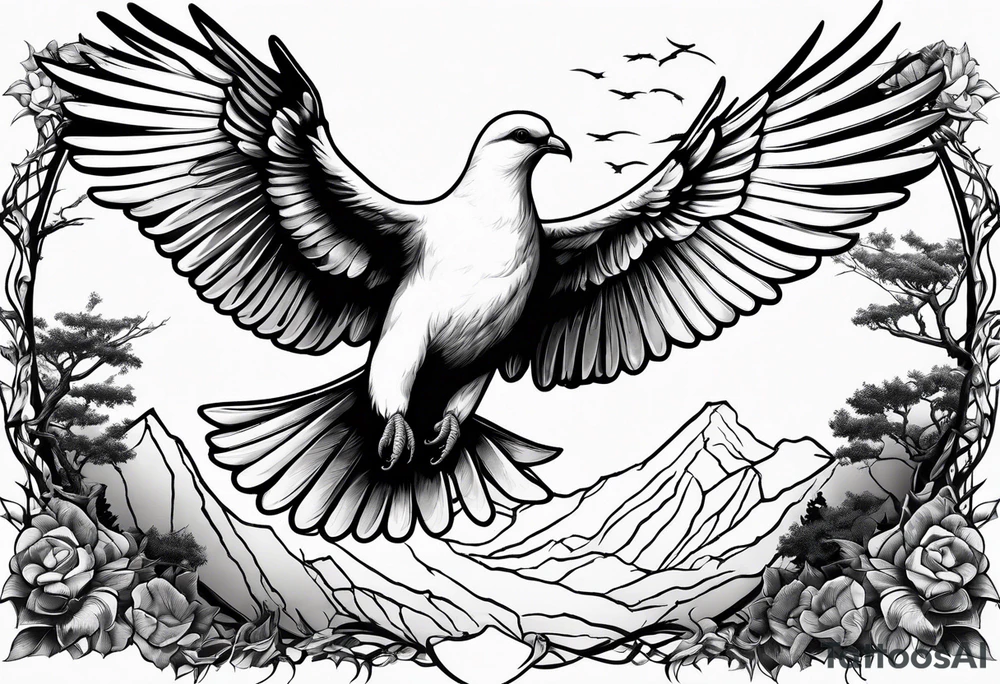 White Dove on a tree branch at the top of the mountain with an eagle soaring overhead tattoo idea