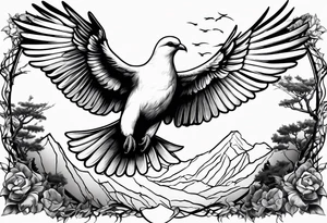 White Dove on a tree branch at the top of the mountain with an eagle soaring overhead tattoo idea