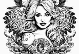 An angelic tattoo featuring Dolly Parton, an acorn, wings tattoo idea