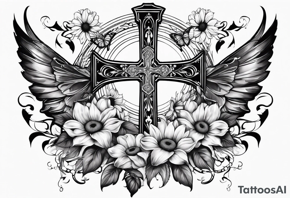 Winged cross with sunflower flowers and butterflies calf sleeve tattoo idea
