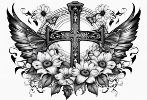 Winged cross with sunflower flowers and butterflies calf sleeve tattoo idea