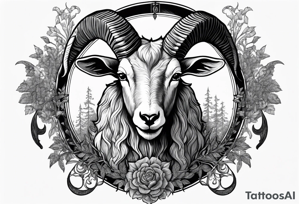 Satanic goat with horns (full body) in a forest tattoo idea