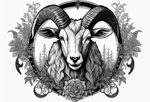 Satanic goat with horns  (full body) in a forest tattoo idea