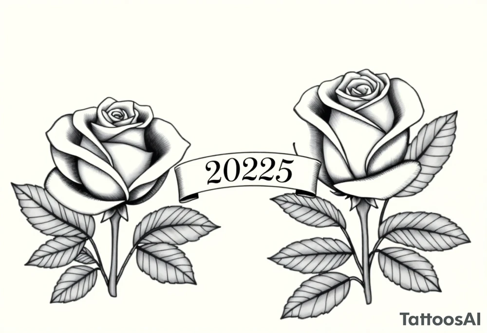 two beautiful large rose buds, one larger than the other, with many leaves next to the rose buds, with one sitting higher than the other. Include a banner connecting the two roses with the year "2025" on it.   Use dark outlines with little shading. The two stems should be short, not long, and connect and join into one stem, whimsically curved or twisted - not straight down. tattoo idea