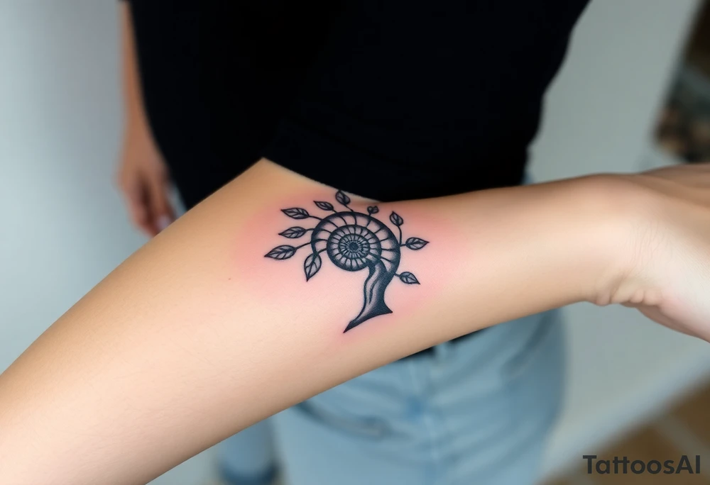 Fibonacci spiral shell inside of tree with full leaves tattoo idea
