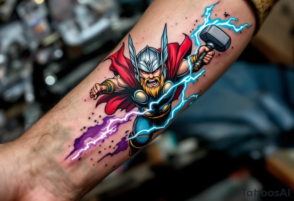 A comic book-style Thor mid-flight, striking lightning down with Mjölnir, in bold reds, blues, and silvers with dynamic shading. tattoo idea