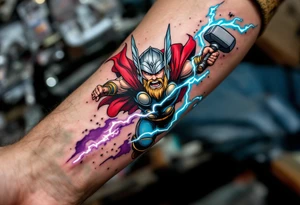 A comic book-style Thor mid-flight, striking lightning down with Mjölnir, in bold reds, blues, and silvers with dynamic shading. tattoo idea