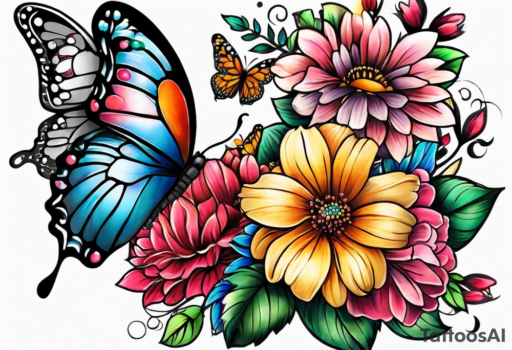 Sleeve with butterflies and colorful flowers tattoo idea