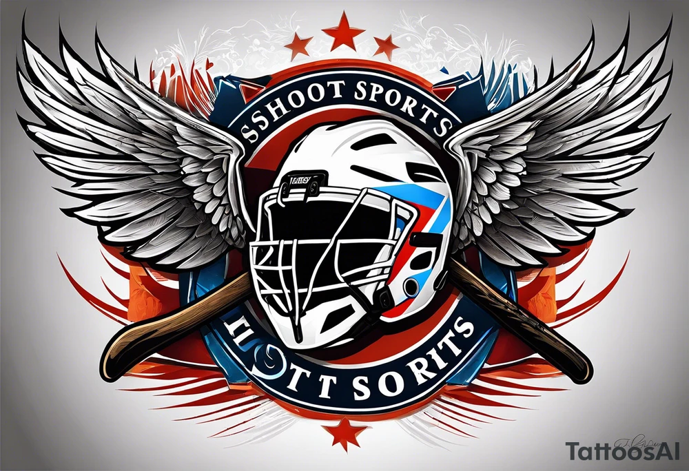 crossed hockey sticks in the background and wings that says "SHOT SPORTS" tattoo idea