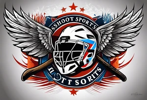 crossed hockey sticks in the background and wings that says "SHOT SPORTS" tattoo idea