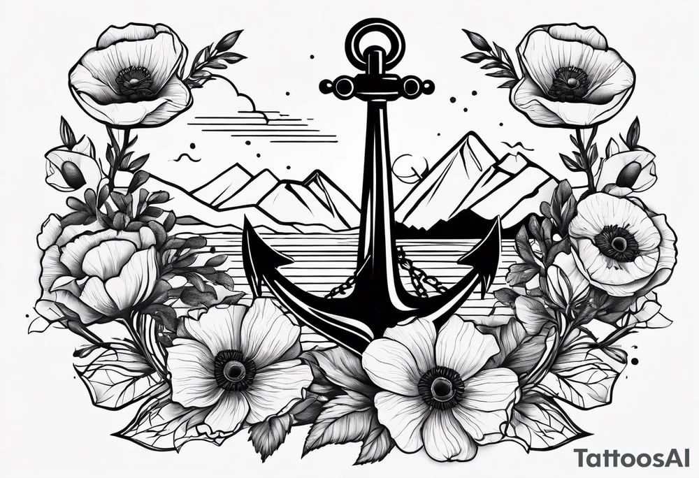 small anchor with poppy flowers intertwined and mountains behind it tattoo idea small anchor with poppy flowers intertwined and mountains behind it tattoo idea