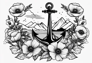 small anchor with poppy flowers intertwined and mountains behind it tattoo idea
