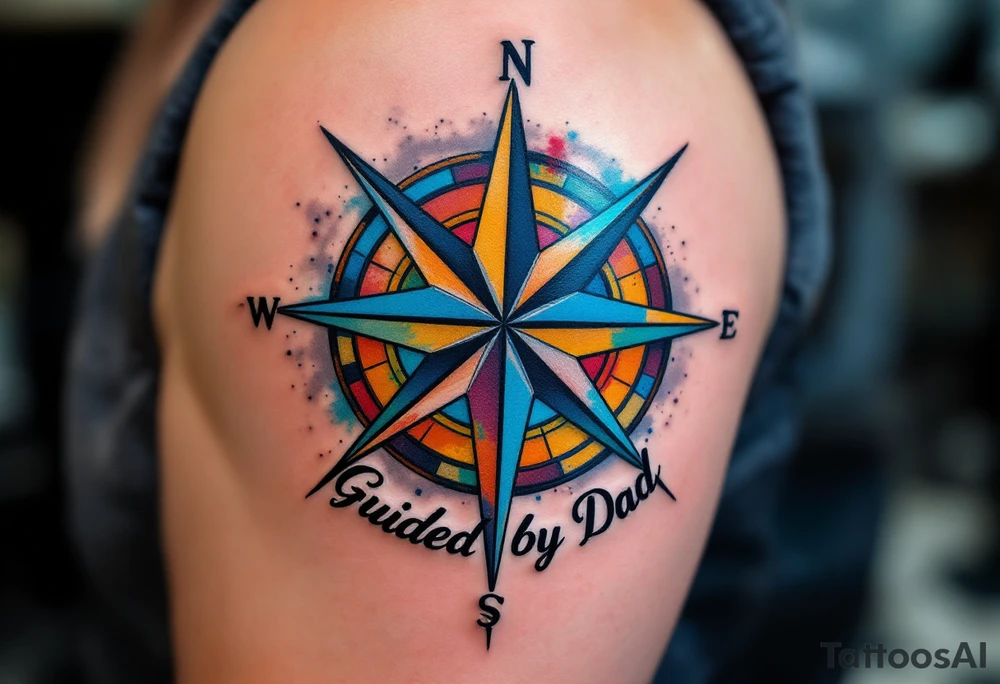 A colorful compass rose with “Guided by Dad” lettered in black under the north point. tattoo idea