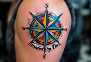 A colorful compass rose with “Guided by Dad” lettered in black under the north point. tattoo idea