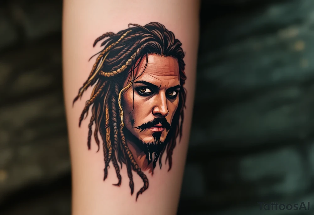 A dramatic portrait of Jack Sparrow with his signature wild hair and beaded braids. His face is full of personality, with his dark brown eyes and iconic mustache, all framed by a shadowy ocean background. Deep brown for hair, black and gray for the details, tan for the skin, with subtle hints of sea green and golden highlights. tattoo idea