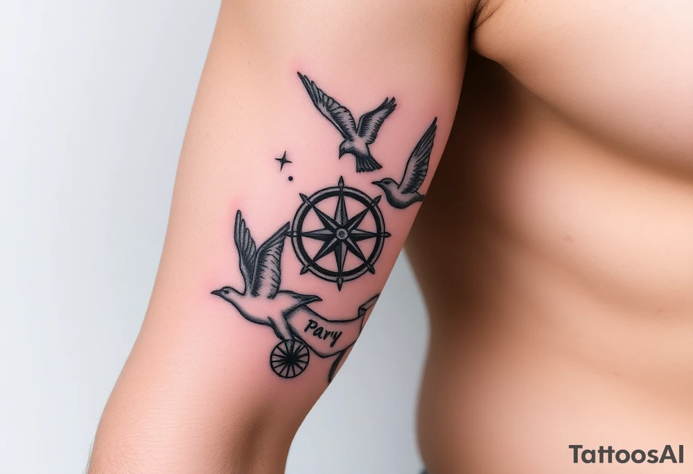 Uncharted 4 sleeve from upper elbow to shoulder including the designs of the ring, decoder, birds, map, and compass with the words sic parvis magna. tattoo idea