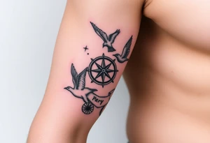 Uncharted 4 sleeve from upper elbow to shoulder including the designs of the ring, decoder, birds, map, and compass with the words sic parvis magna. tattoo idea