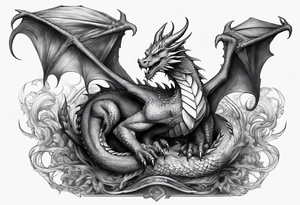 full body dragon perched with all 4 claws grabbing a pole and facing forward tattoo idea