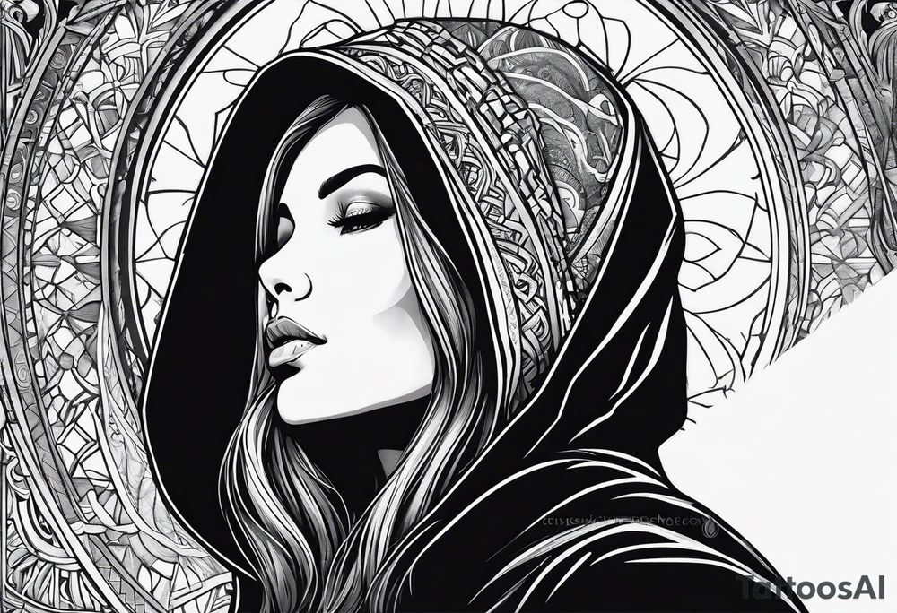 Woman with long hair in a hood in profile looking up and reaching for an orb with her left hand tattoo idea