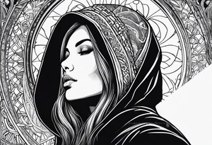 Woman with long hair in a hood in profile looking up and reaching for an orb with her left hand tattoo idea