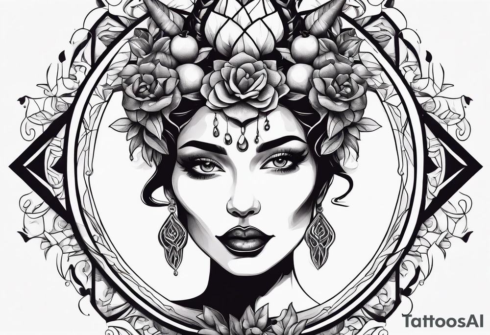 Beautiful Horned lady face holding a pomegranate tattoo idea