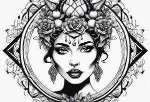 Beautiful Horned lady face holding a pomegranate tattoo idea