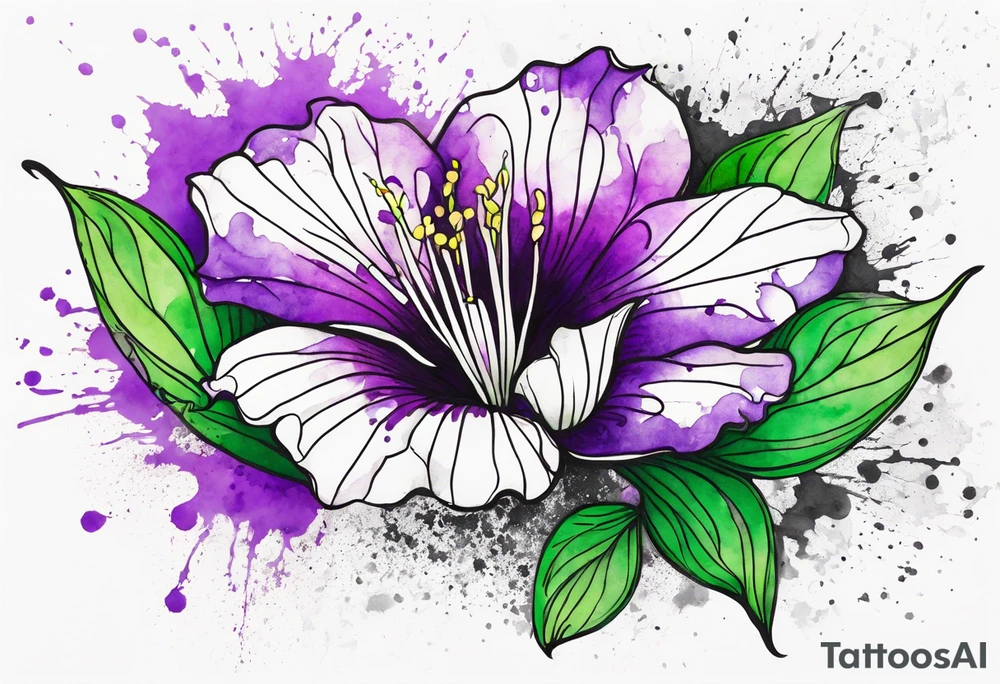 An outline of a rio dipladenia flower with a green and purple watercolor splatter in the background tattoo idea
