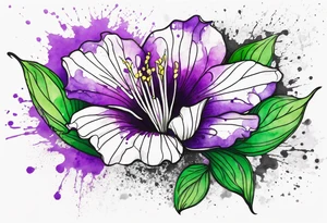 An outline of a rio dipladenia flower with a green and purple watercolor splatter in the background tattoo idea