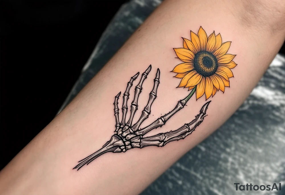 A skeleton hand holding a dying yellow sunflower, "memento mori" in thin, winding black cursive along the stem. tattoo idea