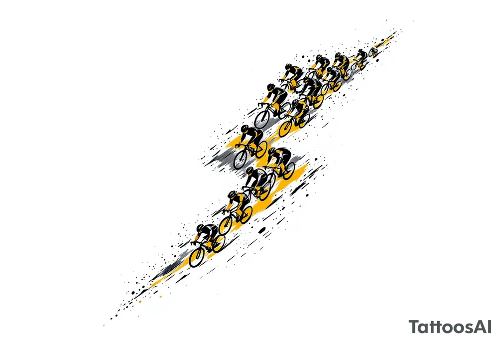 A peloton of cyclists forming a thunderbolt shape, with dynamic black and yellow tones to represent energy and competition. tattoo idea