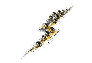 A peloton of cyclists forming a thunderbolt shape, with dynamic black and yellow tones to represent energy and competition. tattoo idea