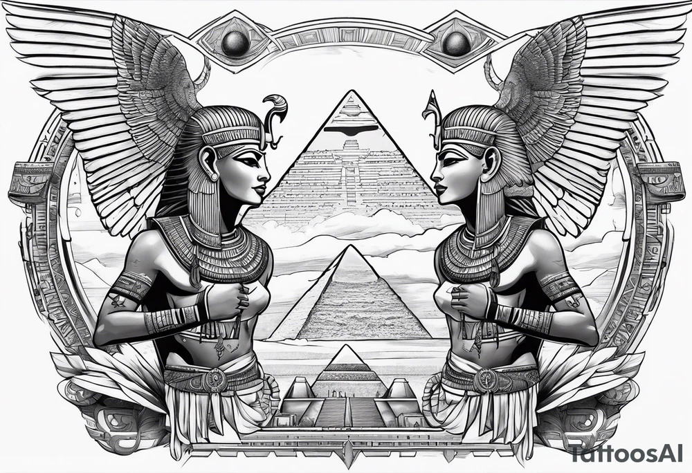 Egyptian god with wings overlooking the pyramids with a goddess face underneath tattoo idea