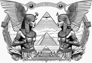 Egyptian god with wings overlooking the pyramids with a goddess face underneath tattoo idea