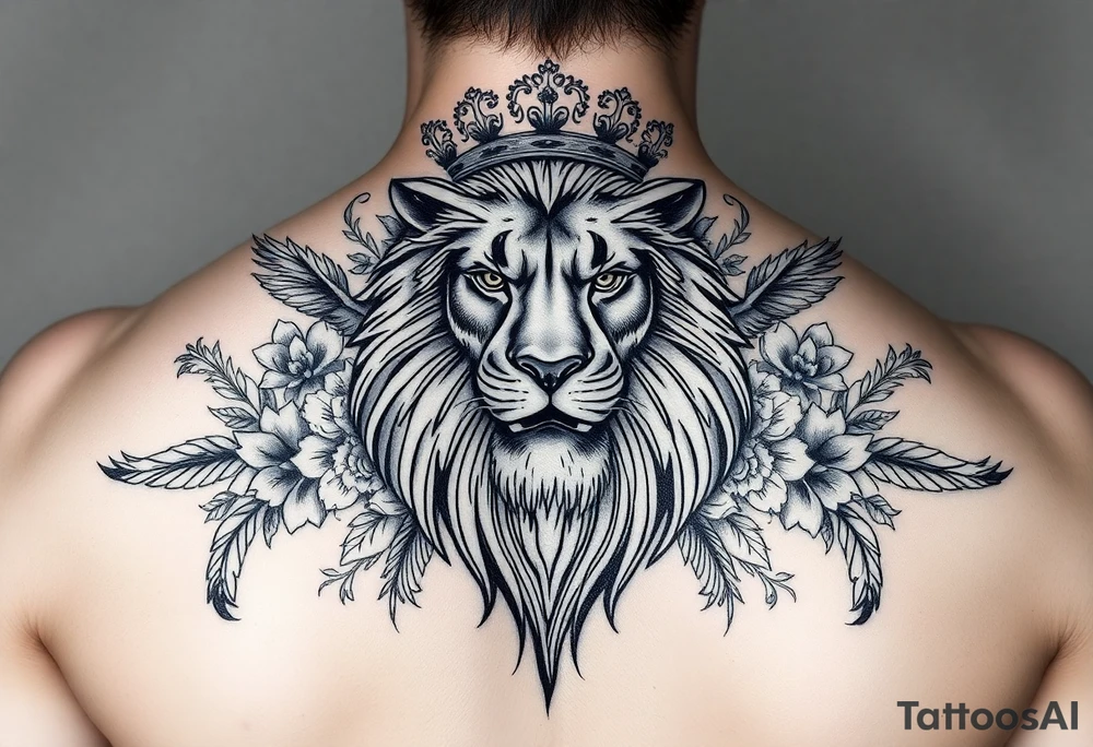 powerful majestic lion with a crown, surrounded by floral ornaments and birds tattoo idea