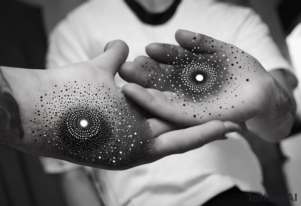 Adam's hands that create a galaxy in Dotwork style tattoo idea