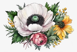 a white anemone with black center with thistles, green ferns, ranuculus, yellow sun flowers, red flowers, pink flowers, orange flowers, yellow flowers in watercolor tattoo idea