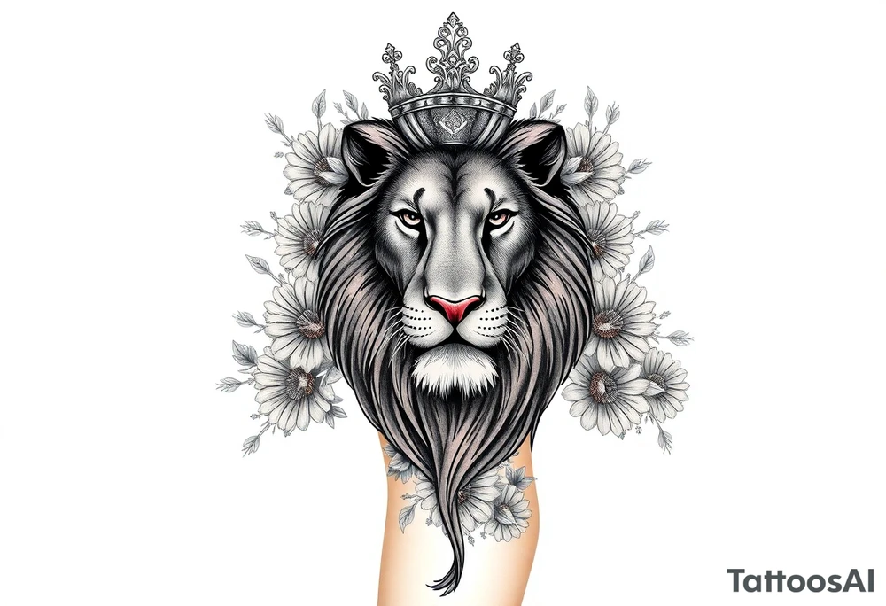 powerful majestic lion with a crown, surrounded by floral ornaments and birds tattoo idea