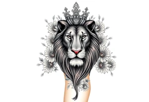 powerful majestic lion with a crown, surrounded by floral ornaments and birds tattoo idea