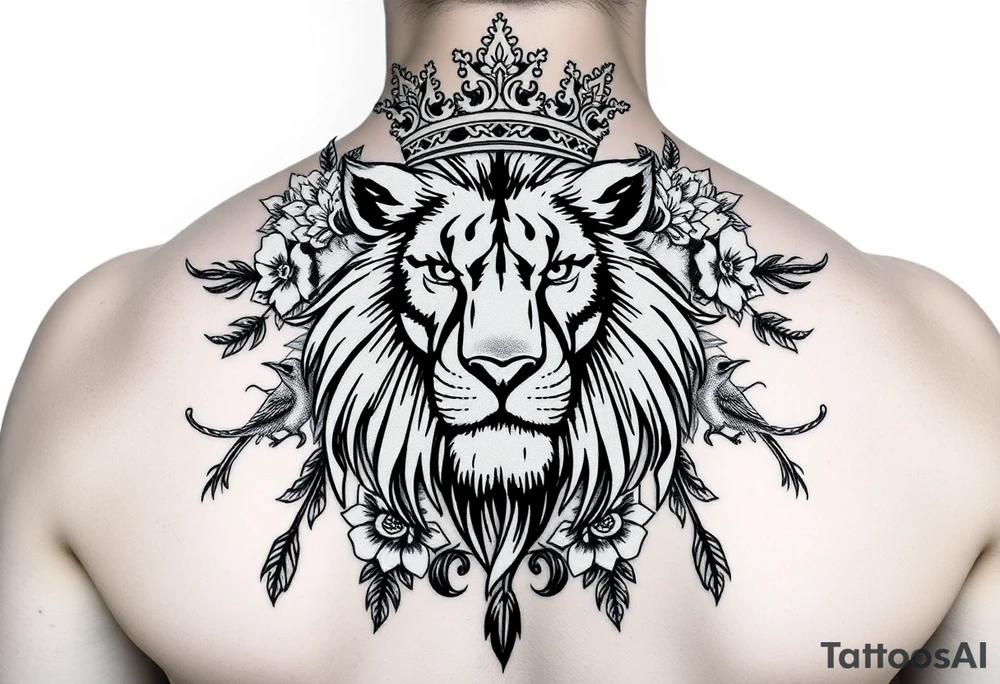 powerful majestic lion with a crown, surrounded by floral ornaments and birds tattoo idea