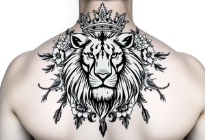 powerful majestic lion with a crown, surrounded by floral ornaments and birds tattoo idea