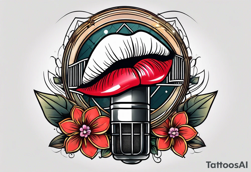 traditional vintage tattoo of lips singing in microphone simple  flowers and banner
no face tattoo idea
