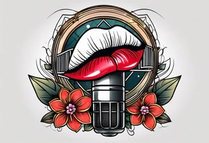 traditional vintage tattoo of lips singing in microphone simple  flowers and banner
no face tattoo idea