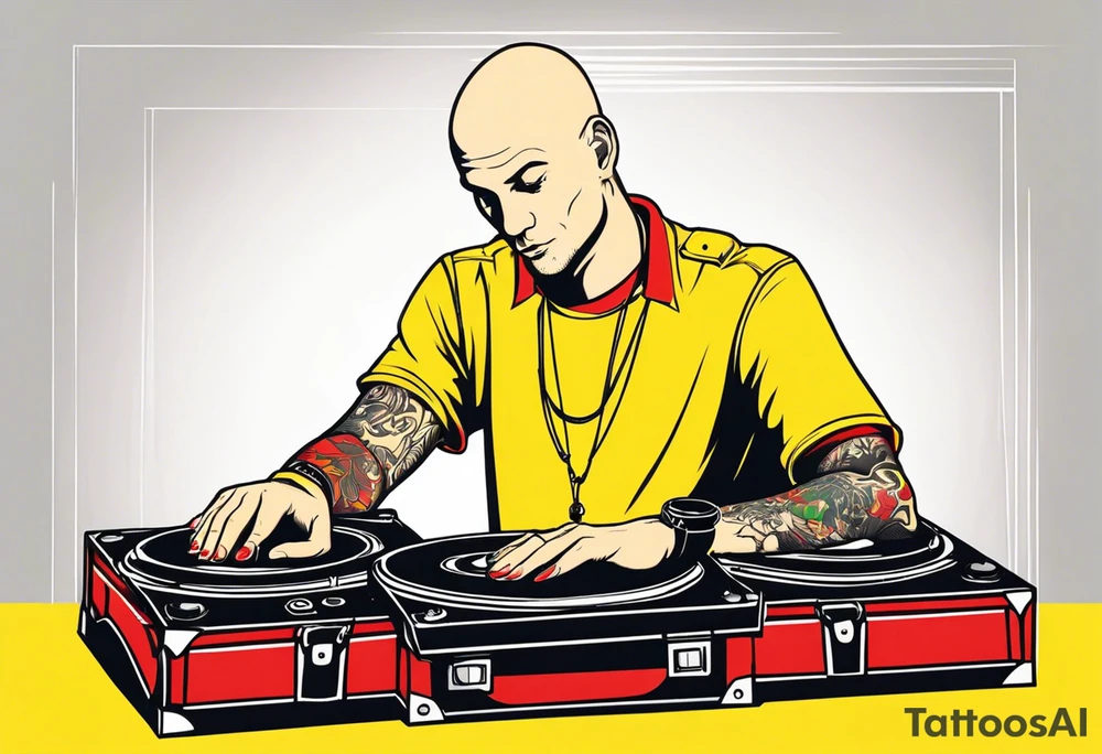 a bald german dj with handcuffs on in a bright yellow shirt with red shoe boxes around him tattoo idea