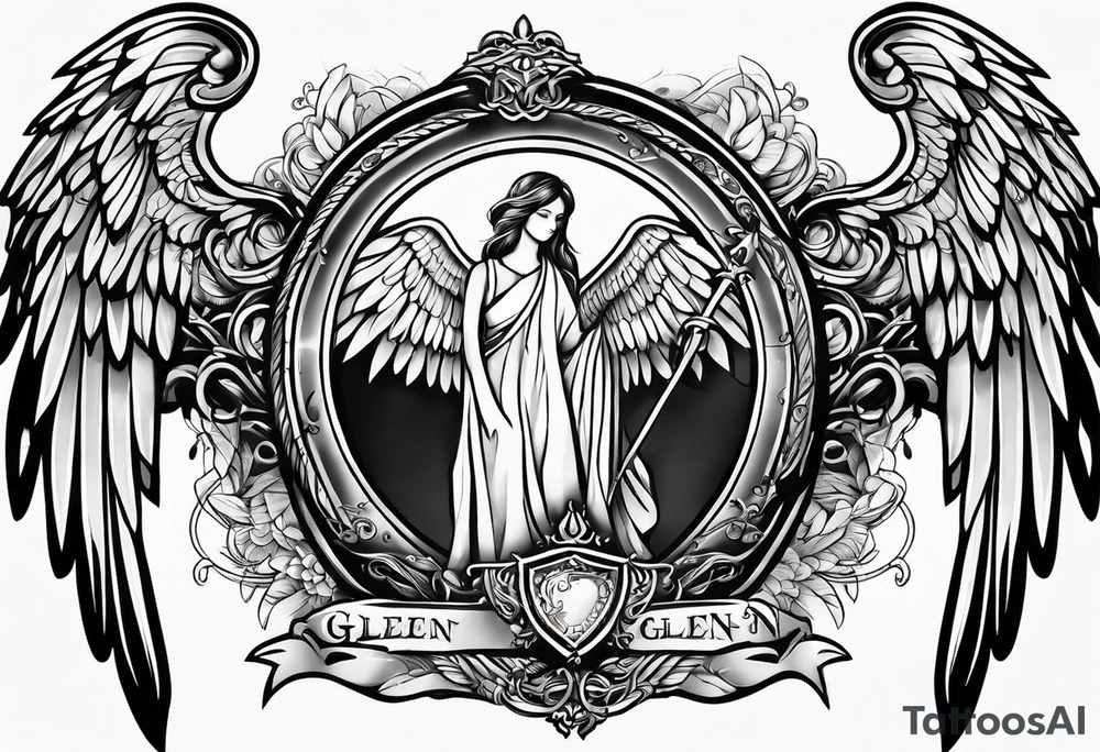 Simple tattoo with the word Glenn on a banner and angel wings tattoo idea